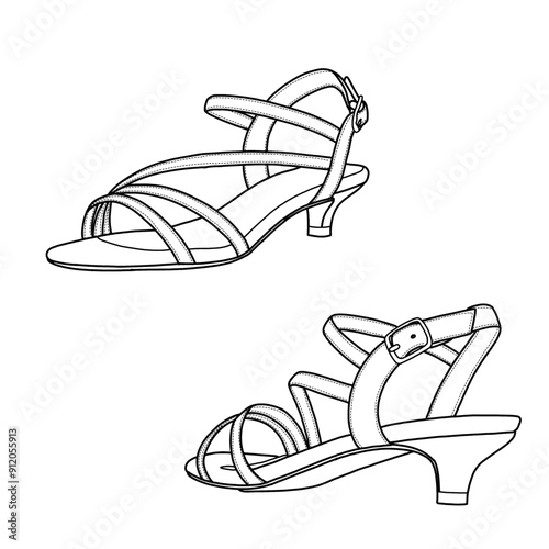 Ankle-strap slingback with buckles and low heels isolated on a white background, vector illustration.