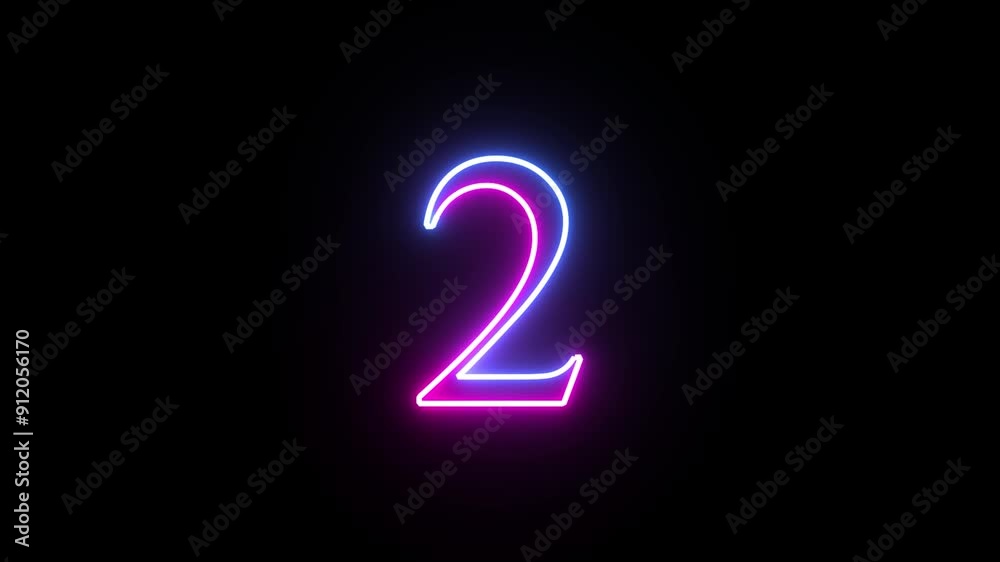 Glowing neon numeric number 2 animation. Purple and blue neon font alphanumeric 