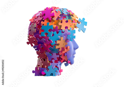 Human head with colorful puzzle pieces , hallucinations , mental health, brain balance, harmony