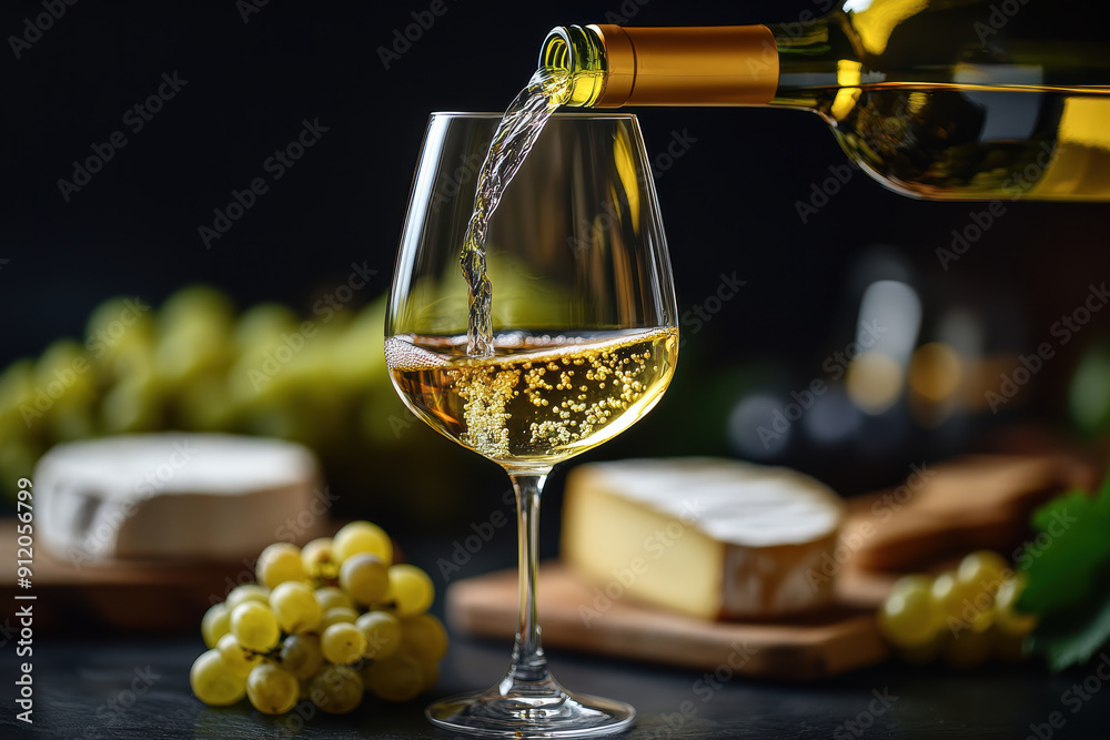 Fototapeta premium Wine poured into a glass with grapes and cheese on a wooden table