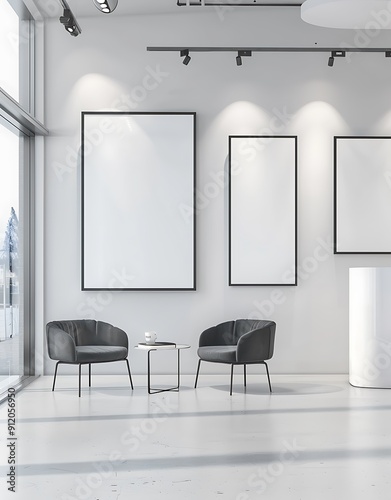 Sleek gallery displaying white frames and modern decor.. photo