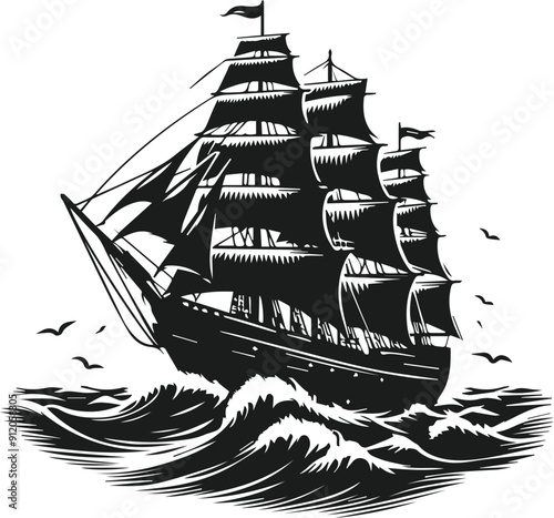 Pirate Ship Sailboats In Ocean Storm Waves With A Flag Vector Illustration On Isolated White Background