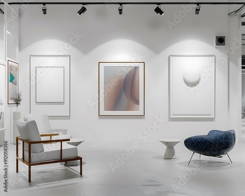 Modern art gallery with sleek decor and white empty mockup frames on minimalist white walls.. photo