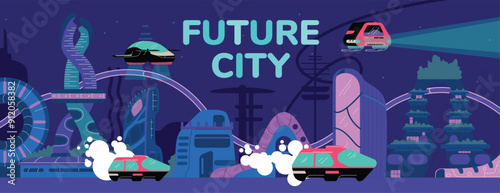 Futuristic future cityscape banner in flat style with place for text.