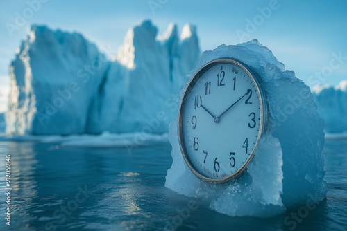 Clock frozen in ice, reflecting climate change photo