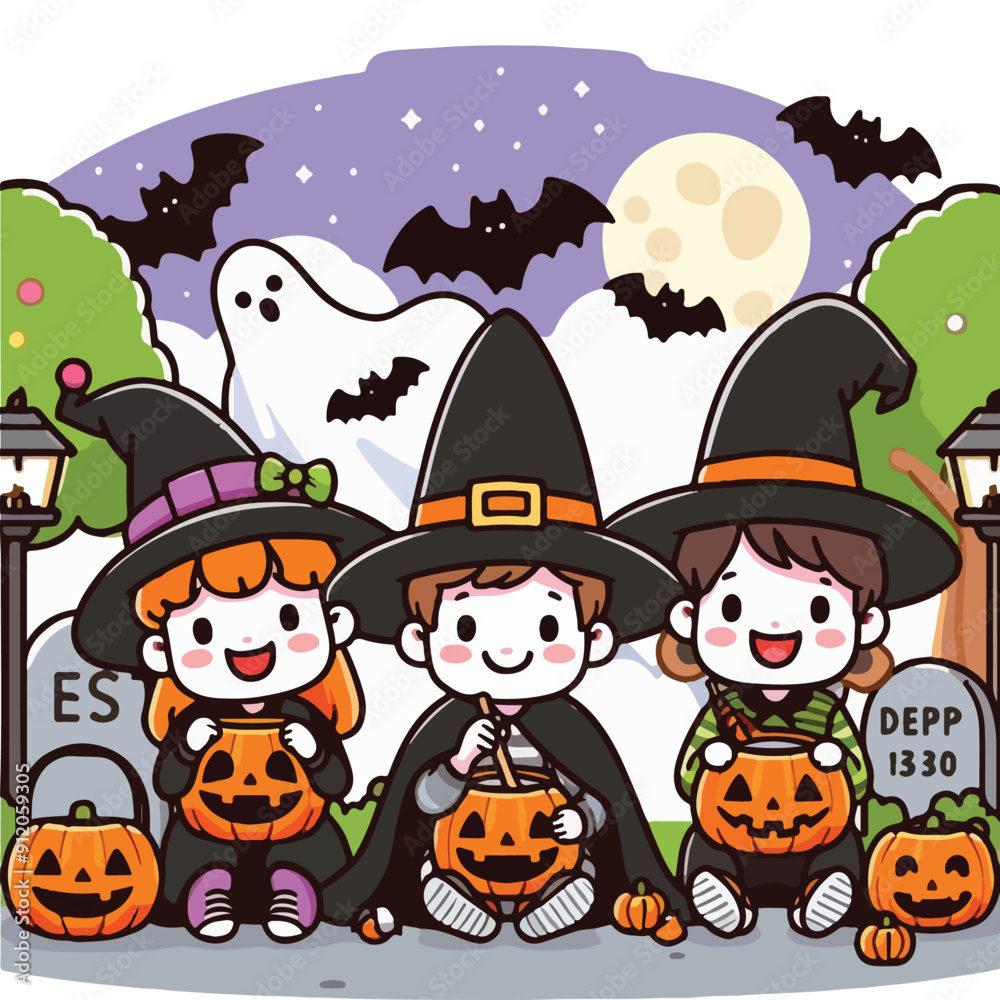 Happy halloween greeting card with cute kids witch, pumpkin, bat, ghost. Holidays cartoon character illustration. Happy halloween greeting card with cute kids witch, pumpkin, bat, ghost. Holidays cartoon character illustration.