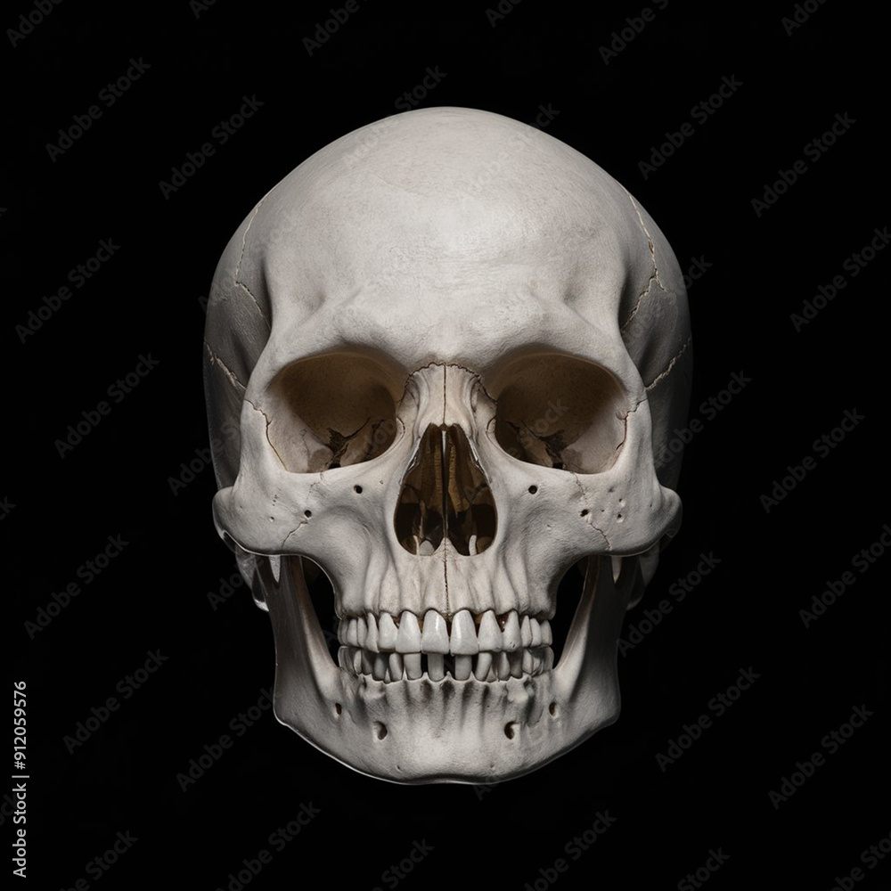 Obraz premium Front view of natural human skull on isolated black background
