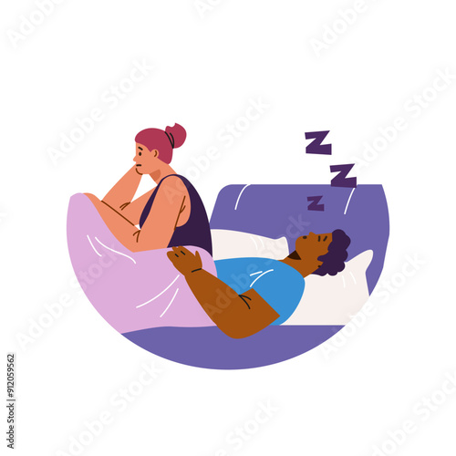 Snoring man and worried woman in bed. Flat style. Sticker.