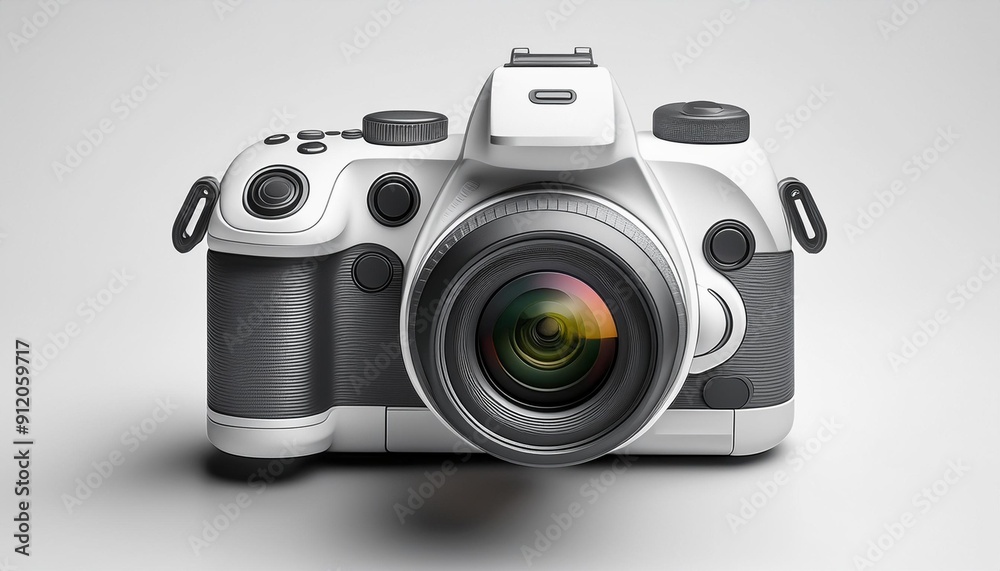 Photorealistic 3D Icon of a Modern DSLR Camera Featuring Realistic Buttons, Detailed Lens, and Sleek Body on White Background Photorealistic 3D Icon of a Modern DSLR Camera Featuring Realistic Buttons, Detailed Lens, and Sleek Body on White Background