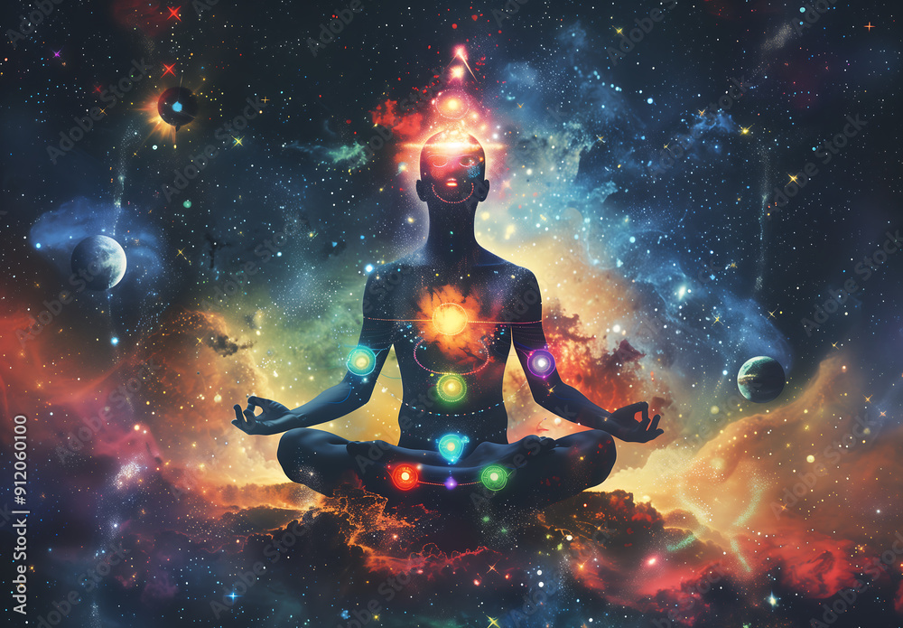 Naklejka premium Meditation figure surrounded by floating planets and cosmic energy, set against an abstract background of stars and galaxies. The person is in the center with vibrant colors representing chakras