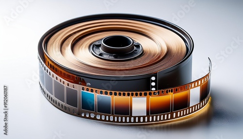 Realistic 3D Render Icon of a Classic Film Roll with Visible Film Strip and Detailed Textures on White Background