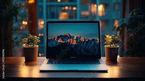 Laptop with Mountain View on Screen, Lit by Fairy Lights