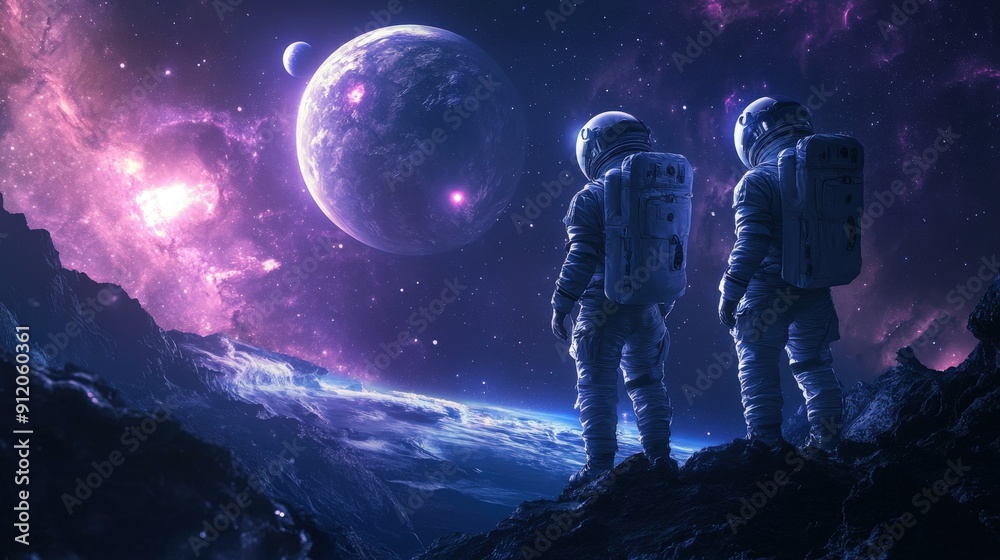 Fototapeta premium Two Astronauts on a Mountain Ridge in Space, Contemplating a Distant Planet