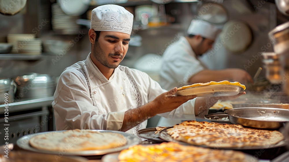 Chef Preparing Delicious Flatbread in a Busy Kitchen Chef Preparing Delicious Flatbread in a Busy Kitchen