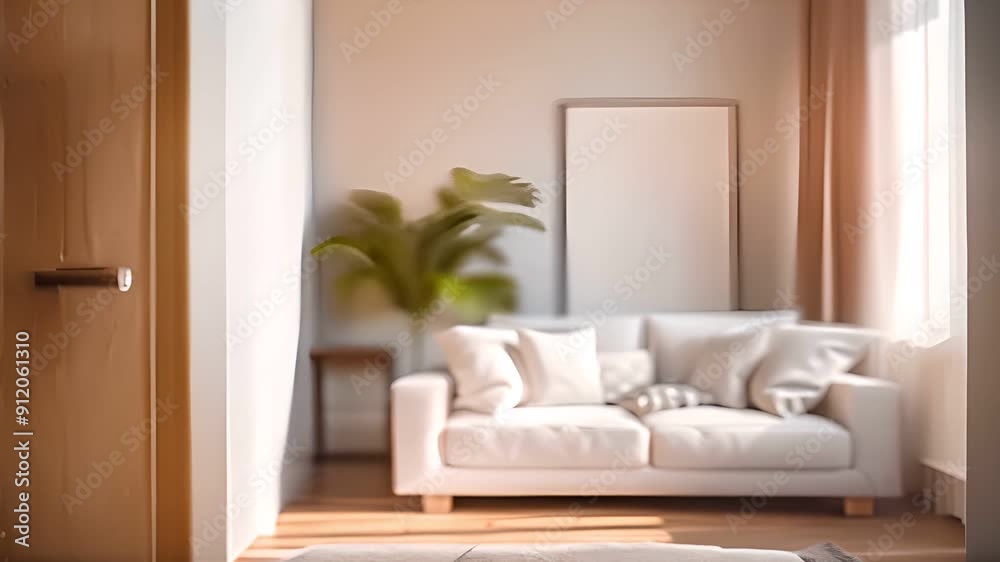 Sunlight streams through a doorway leading to a living room with a white sofa and wooden floors.