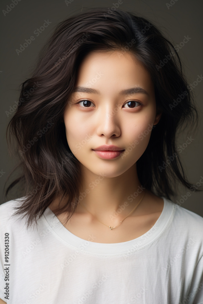 Portrait of a Japanese Woman with Wavy Hair in a White T-shirt and Necklace on a Neutral Background Portrait of a Japanese Woman with Wavy Hair in a White T-shirt and Necklace on a Neutral Background
