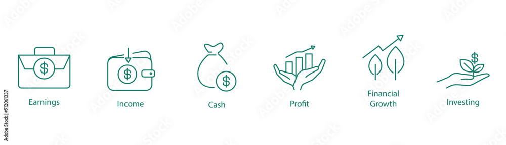 Earnings, Income, Cash, Profit, Financial Growth, and Investing Vector Icon Set Earnings, Income, Cash, Profit, Financial Growth, and Investing Vector Icon Set