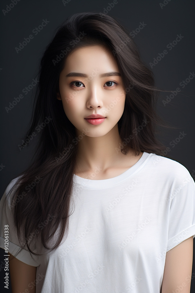 Minimalist Portrait of a Japanese Woman in a White T-shirt on a Dark Background Minimalist Portrait of a Japanese Woman in a White T-shirt on a Dark Background