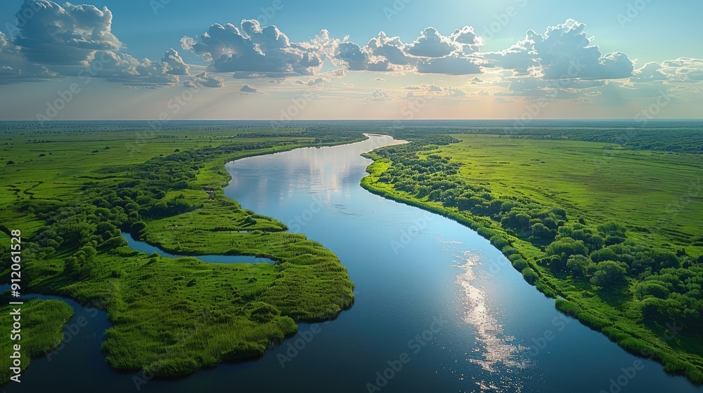 Aerial View of a Serene River Winding Through Lush Green Meadows Aerial View of a Serene River Winding Through Lush Green Meadows