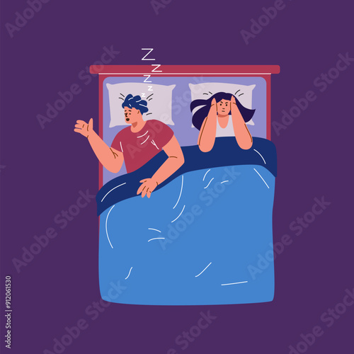 Snoring man and upset woman in bed. Isolated background.