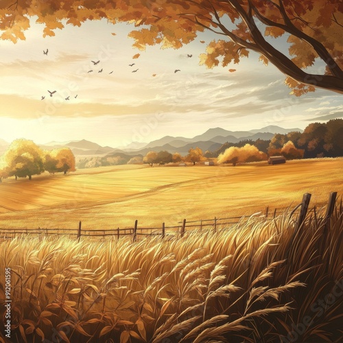 Autumn's Abundance: A High-Definition Hand-Drawn Illustration of Nature's Harvest in Golden Fields, Celebrating Seasonal Riches with Amber Tones and Cozy Comfort in Anime Style. photo