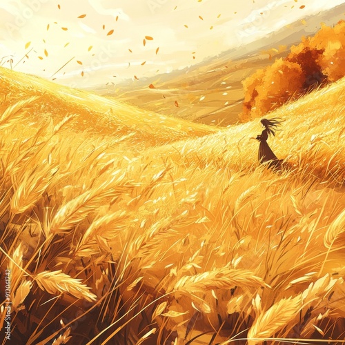 Autumn's Abundance: A High-Definition Hand-Drawn Illustration of Nature's Harvest in Golden Fields, Celebrating Seasonal Riches with Amber Tones and Cozy Comfort in Anime Style. photo