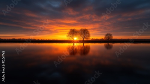 Serene Sunset Reflections: Tranquil Lake Landscape with Golden Ratio Composition for Text Overlay