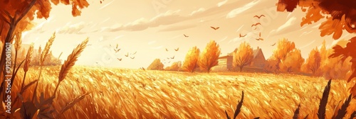 Autumn's Abundance: A High-Definition Hand-Drawn Illustration of Nature's Harvest in Golden Fields, Celebrating Seasonal Riches with Amber Tones and Cozy Comfort in Anime Style. photo