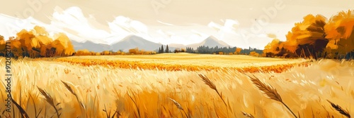 Autumn's Abundance: A High-Definition Hand-Drawn Illustration of Nature's Harvest in Golden Fields, Celebrating Seasonal Riches with Amber Tones and Cozy Comfort in Anime Style. photo