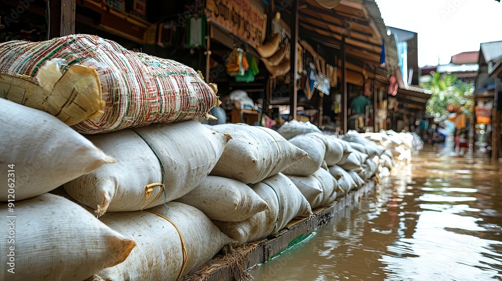 Sandbag Image Sandbags placed around an outdoor market area to prevent flooding ...