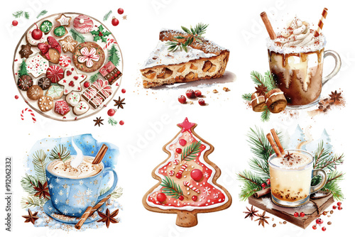 A delightful watercolor illustration featuring a variety of Christmas desserts and warm beverages adorned with holiday spices. Festive Christmas Desserts and Hot Drinks Watercolor

