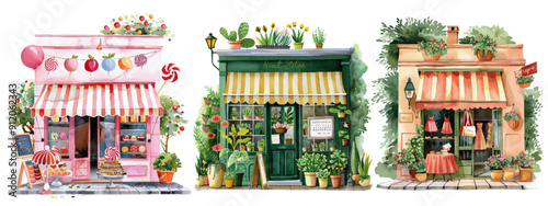 Delightful watercolor illustrations of three vibrant storefronts, each adorned with colorful awnings and abundant floral decorations. Charming Watercolor Storefronts with Colorful Awnings

