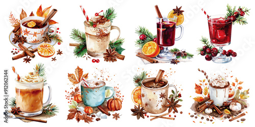 A delightful collection of watercolor illustrations showcasing various cozy winter beverages garnished with spices and citrus. Watercolor Collection of Cozy Winter Beverages

