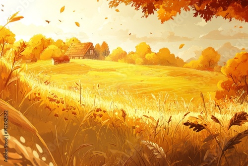 Autumn's Abundance: A High-Definition Hand-Drawn Illustration of Nature's Harvest in Golden Fields, Celebrating Seasonal Riches with Amber Tones and Cozy Comfort in Anime Style. photo