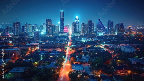 Nighttime Aerial View of Austin, Texas