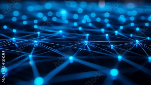 Blue Background with Glowing Blue Lines and White Digital Grid Representing Technology and Data Visualization with Geometric Spider Web Pattern