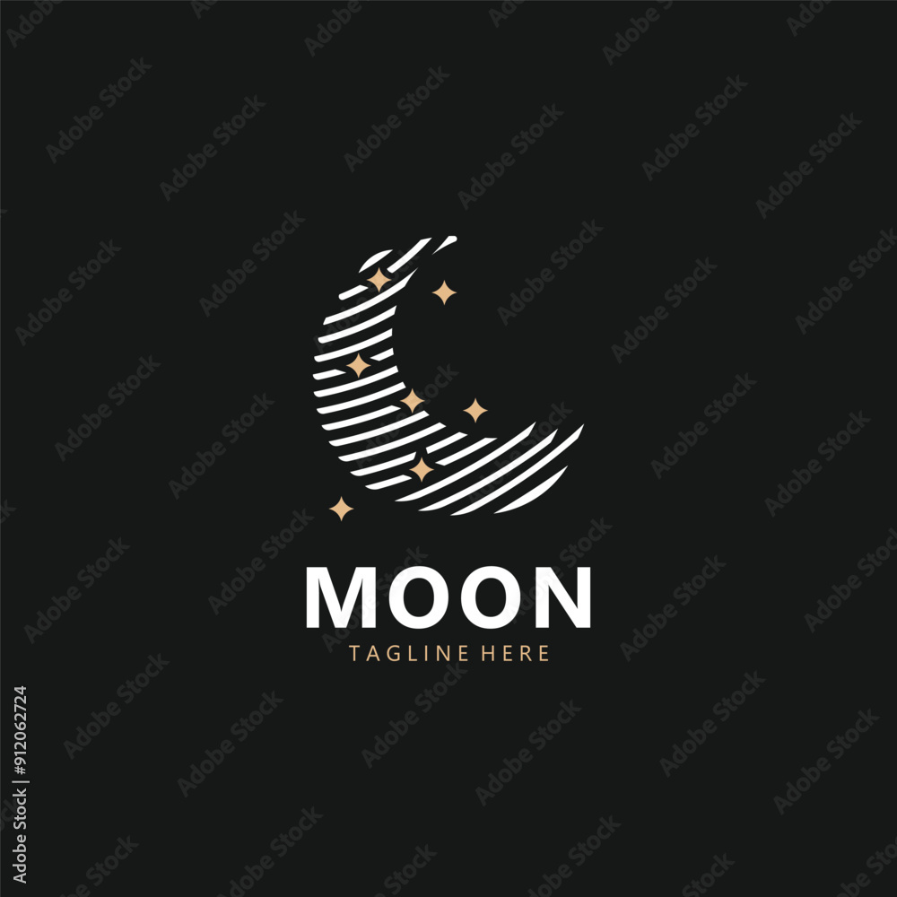 Moon elegant crescent and star logo design line in simple style outline background template