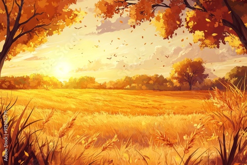 Enchanting Anime-style Autumn's Abundance: A High-Definition Hand-Drawn Illustration of Nature's Harvest in Golden Fields, Celebrating Seasonal Riches with Amber Tones and Cozy Comfort in Anime Style. photo