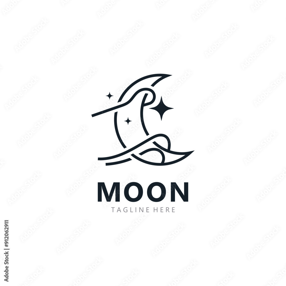 Moon elegant crescent and star logo design line in simple style outline background template Moon elegant crescent and star logo design line in simple style outline background template