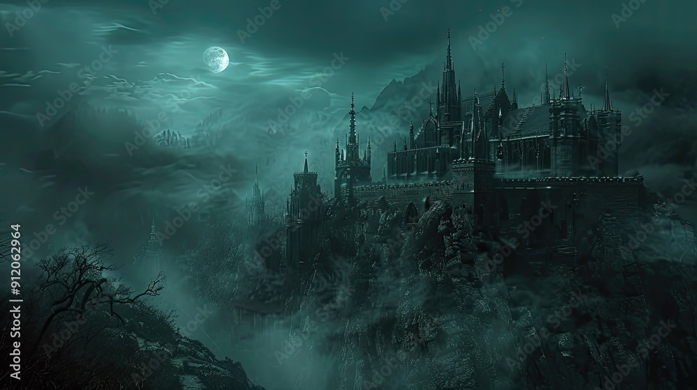 Fototapeta premium Gothic castle illuminated by moonlight on a misty night