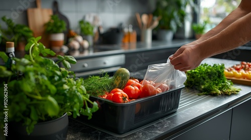 Fresh vegetables being prepared in a modern kitchen, showcasing culinary ingredients and tools for healthy cooking. photo