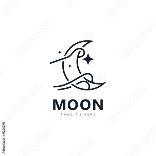 Moon elegant crescent and star logo design line in simple style outline background template