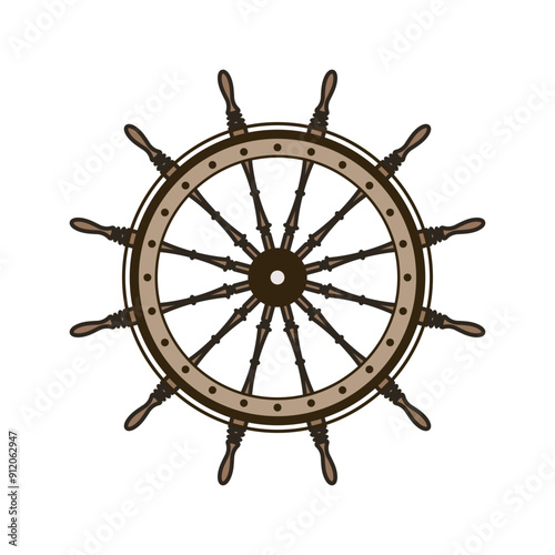 Wooden vintage steering wheels. Ship, sailboat or yacht retro wheel symbol. Nautical rudder icon. Marine logotype design element. Vector illustration