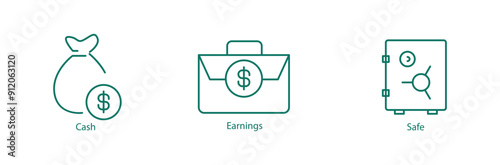 Cash, Earnings, and Safe Vector Icon Set