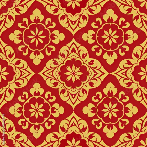 seamless pattern of quatrefoil medallions and motifs