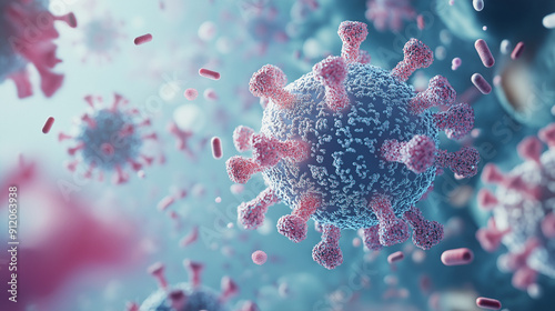 Cell structure, 3D medical background of antibodies and bacteria, COVID-19, and influenza viruses, Generated AI	