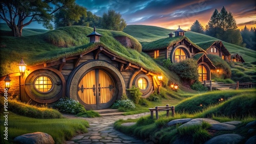 Photorealistic night time Hobbit shire village with carved woodwork around windows, Hobbit, Shire, Village, Night