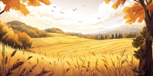 Autumn's Abundance: A High-Definition Hand-Drawn Illustration of Nature's Harvest in Golden Fields, Celebrating Seasonal Riches with Amber Tones and Cozy Comfort in Anime Style. photo