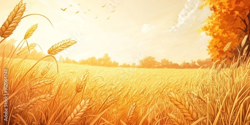 Autumn's Abundance: A High-Definition Hand-Drawn Illustration of Nature's Harvest in Golden Fields, Celebrating Seasonal Riches with Amber Tones and Cozy Comfort in Anime Style. photo