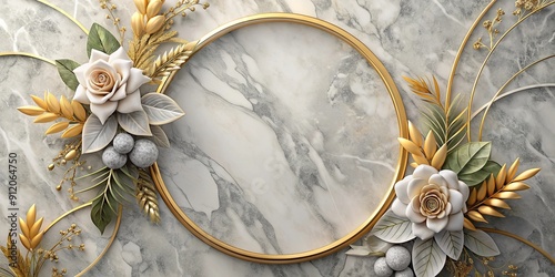 wallpaper featuring a marble circle frame with floral and leaves design on a grey background with golden accents, , wallpaper